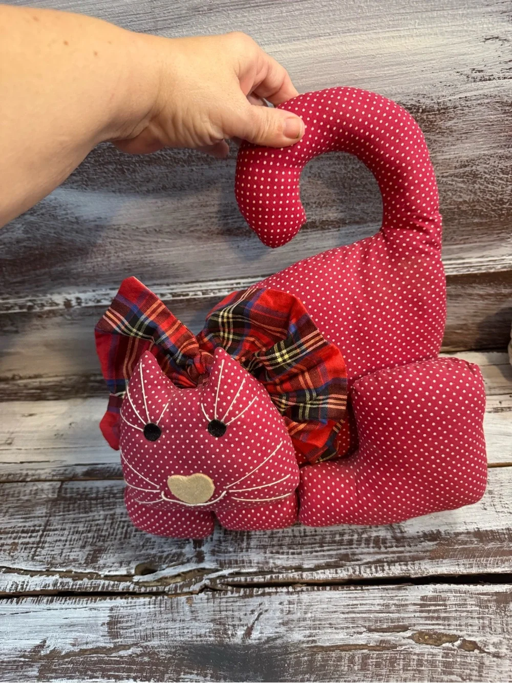Red Polka Dot Cat Accent Pillow with Plaid Bow -VINTAGE